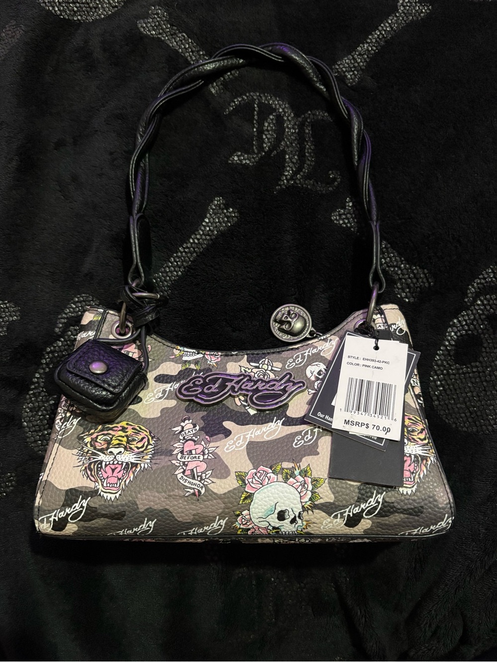 Ed Hardy Gray Camouflage Tattoo-Print Shoulder Bag with Purple Logo